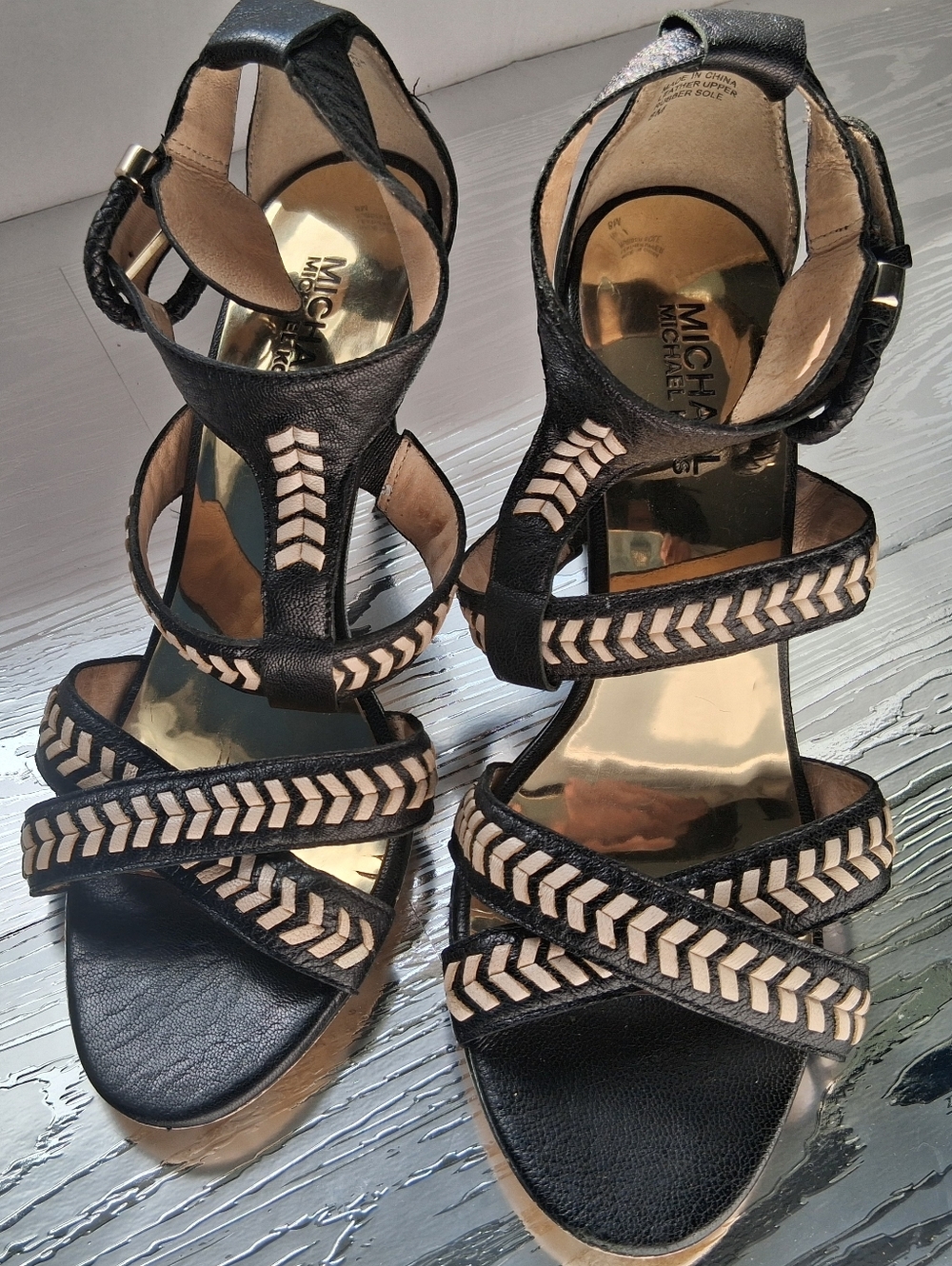 MICHAEL Michael Kors Black Wedge Sandals with Cream Braided Straps